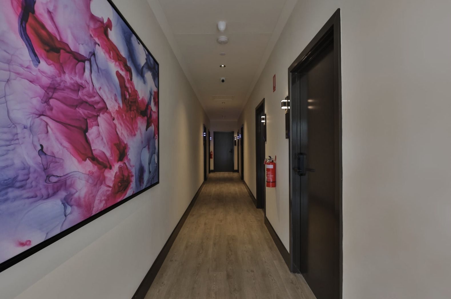Hallway with timber-look flooring and feature artwork in a Harmony property