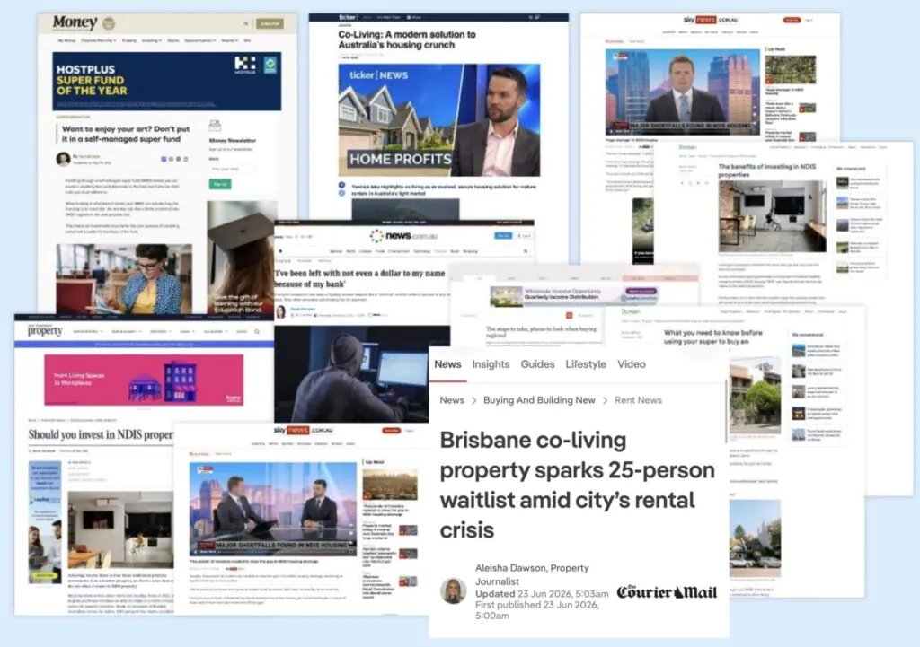 Collage of published articles featuring The Harmony Group in Money, Ticker News, Sky News, news.com.au, Domain, Smart Property and The Courier-Mail