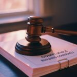 A wooden gavel rests on a stack of documents titled COMPLIANCE BUILDING CONTRACT on a desk, with sunlight streaming through a nearby window.
