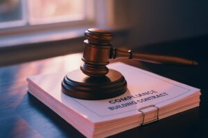 A wooden gavel rests on a stack of documents titled COMPLIANCE BUILDING CONTRACT on a desk, with sunlight streaming through a nearby window.