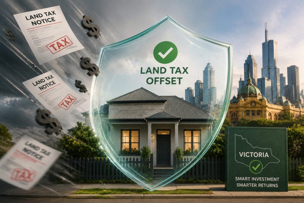 A house behind a protective shield labeled Land Tax Offset blocks flying Land Tax Notice papers stamped TAX. In the background is a city skyline and a sign reading Victoria Smart Investment Smarter Returns with a map outline.