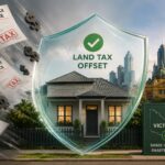 A house behind a protective shield labeled Land Tax Offset blocks flying Land Tax Notice papers stamped TAX. In the background is a city skyline and a sign reading Victoria Smart Investment Smarter Returns with a map outline.