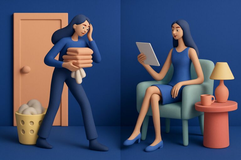A split scene shows a woman on the left carrying a stack of folded laundry, looking tired, and on the right, sitting relaxed in a chair reading a tablet with a lamp and cup beside her.