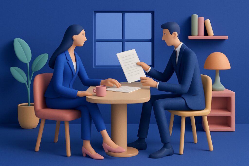 Two people in business attire sit at a round table in an office, discussing documents. One holds a paper, the other a mug. The room has a window, potted plant, bookshelf, and lamp, all in a minimal, pastel style.