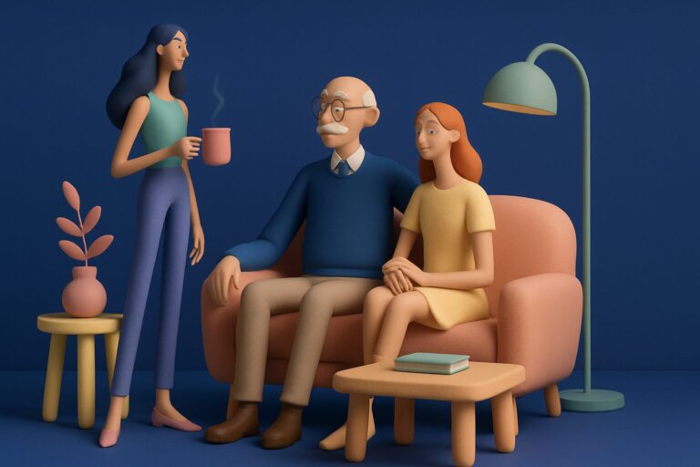 A stylized 3D illustration of three people: a young woman standing with a mug, an elderly man with glasses sitting on a couch, and a young woman sitting beside him, with a lamp and tables in a cozy living room setting.