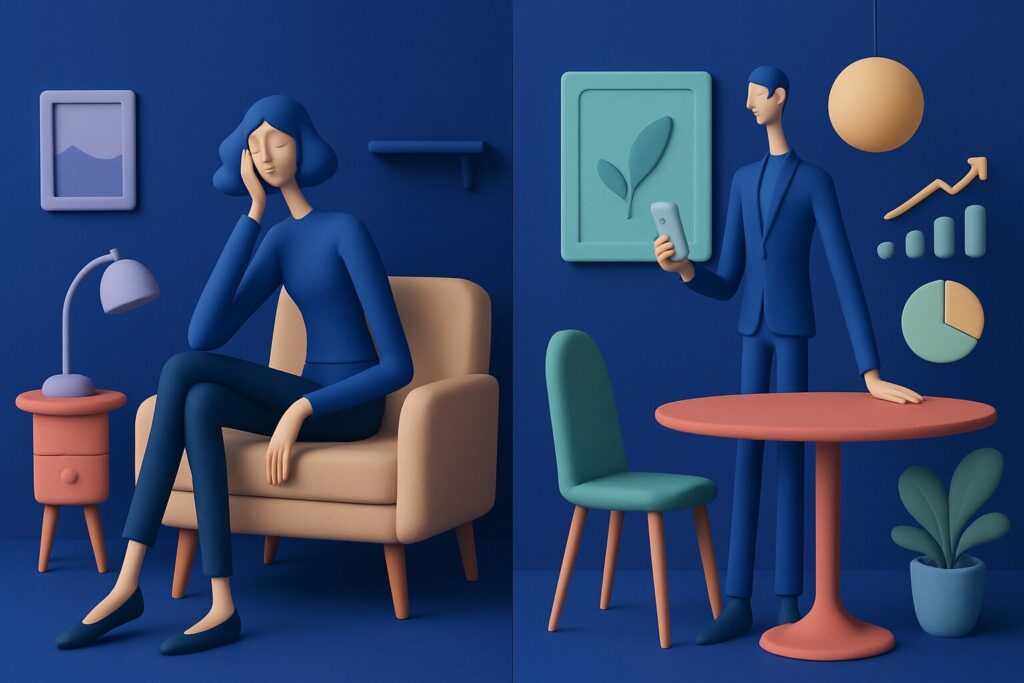 A stylized illustration shows a woman sitting pensively in an armchair with her head resting on her hand, while a man stands by a table holding a phone, surrounded by charts and graphs, in a blue-toned office setting.
