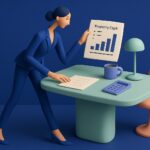 A woman in a blue suit stands by a desk, holding a chart labeled Property Caph with a bar graph. On the desk are a lamp, a cup, a calculator, and papers. The scene uses a minimalist, stylized design with blue tones.