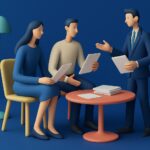 Three stylized figures sit and stand around a round table with documents. Two are seated, holding papers, while a third stands, gesturing with a tablet. There’s a lamp and a potted plant in the background.