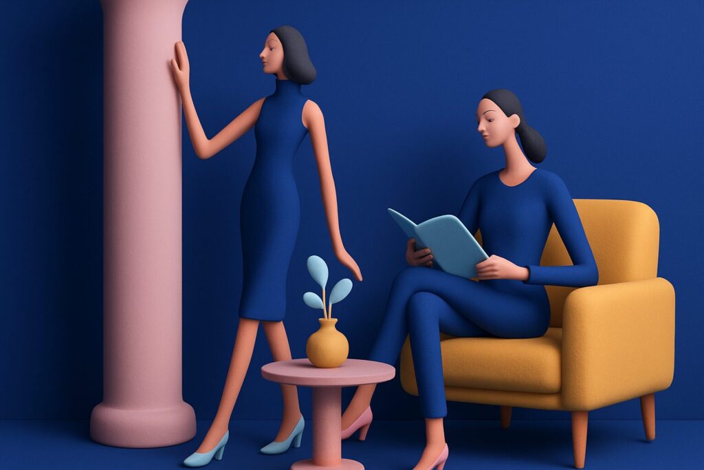 Two stylized women with smooth features are in a minimalist room; one stands by a pink column, the other sits on a yellow armchair reading. A small table with a potted plant is between them, all against a blue background.