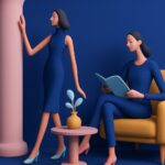 Two stylized women with smooth features are in a minimalist room; one stands by a pink column, the other sits on a yellow armchair reading. A small table with a potted plant is between them, all against a blue background.
