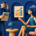 A concerned man holding a “Land Tax Notice” stands beside a seated woman pointing at a rising bar chart in a stylized, blue-toned room with windows showing rooftops and clouds outside.