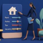 A woman stands beside a large display with sliders for rent, rates, tax, and vacancy, next to a table with a mug, an armchair, and a potted plant, all in a minimalist blue and pastel color scheme.