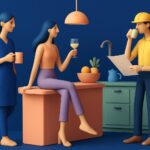 Three stylized people stand in a modern kitchen. One woman in scrubs holds a mug, another sits on the counter with a wine glass, and a man in a hard hat drinks from a cup and reads a document.