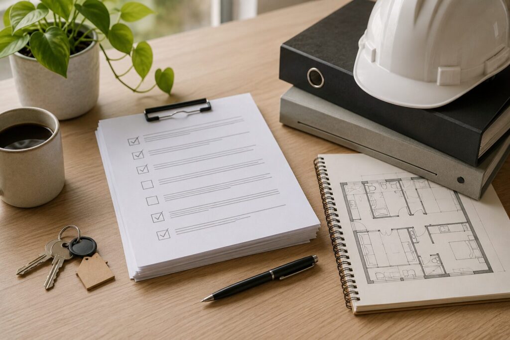 A desk with a clipboard holding a checklist, a pen, a notebook with a floor plan, a cup of coffee, a set of keys, two binders, a white construction helmet, and a potted plant.