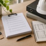 A desk with a clipboard holding a checklist, a pen, a notebook with a floor plan, a cup of coffee, a set of keys, two binders, a white construction helmet, and a potted plant.