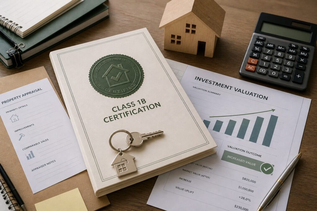 A table with real estate documents, a Class 1B certification folder with house keys, a wooden house model, calculator, investment valuation charts, property appraisal form, and a pen.