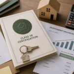 A table with real estate documents, a Class 1B certification folder with house keys, a wooden house model, calculator, investment valuation charts, property appraisal form, and a pen.