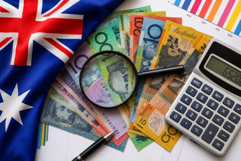 Australian flag next to various Australian dollar bills, a calculator, a pen, and a magnifying glass placed on financial charts, representing finance or economy in Australia.
