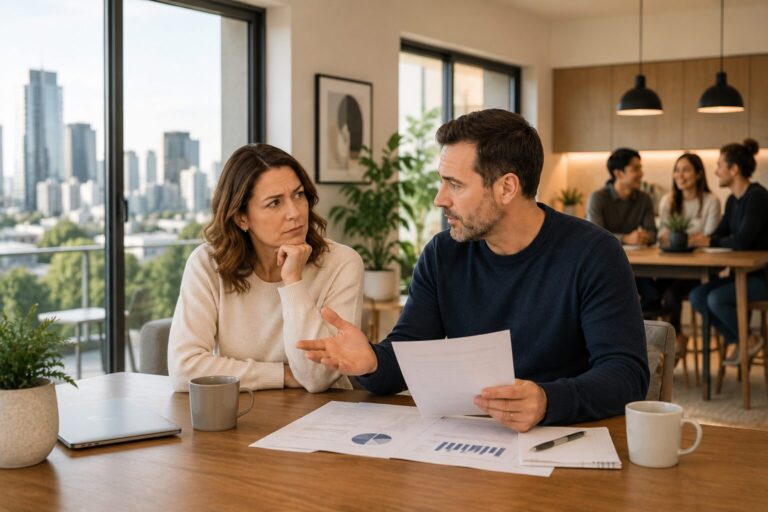 A man and woman sit at a table with documents and coffee mugs, discussing something seriously. The man gestures while holding papers, and the woman listens thoughtfully. In the background, two couples converse in a modern kitchen.