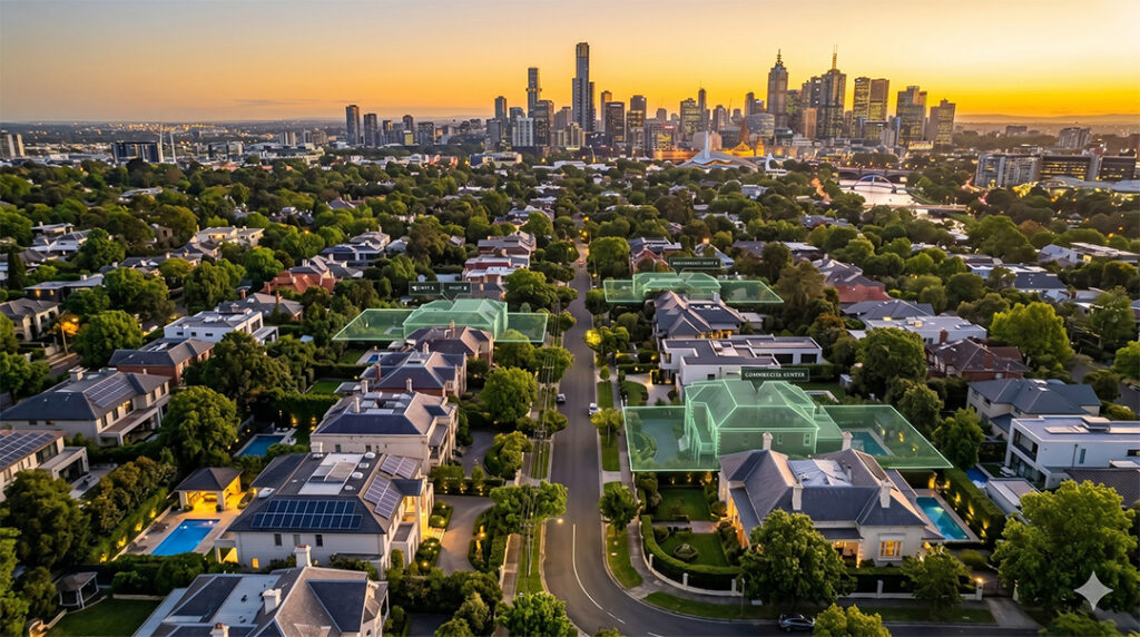Aerial view of a suburban neighborhood with tree-lined streets, modern houses, and city skyline in the background at sunset. Several homes are highlighted with light green outlines.