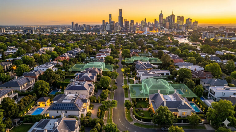 Aerial view of a suburban neighborhood with tree-lined streets, modern houses, and city skyline in the background at sunset. Several homes are highlighted with light green outlines.