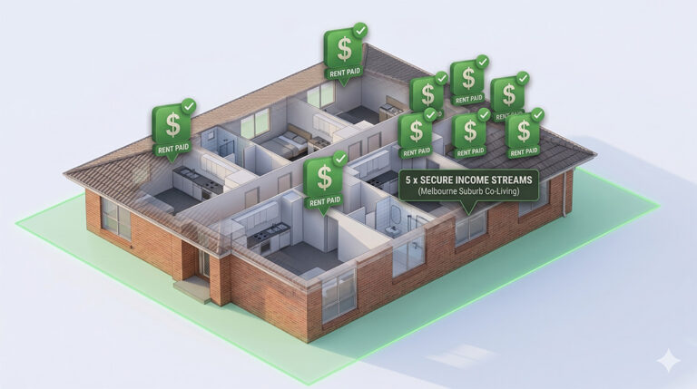 3D floor plan of a brick house divided into five units, each marked with a green “Rent Paid” sign and dollar symbol, indicating five secure income streams for Melbourne suburb co-living investment.
