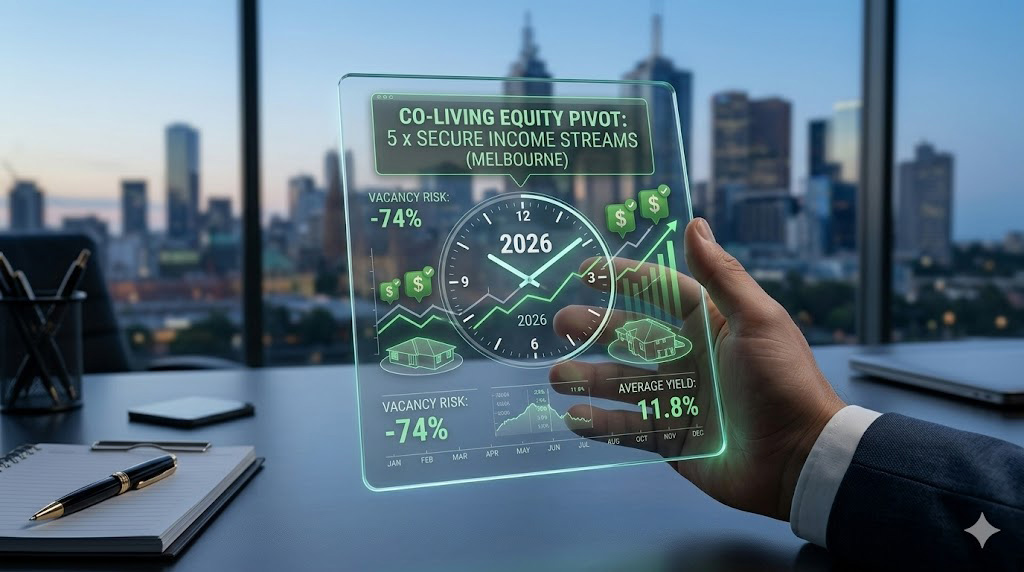 A person holds a transparent digital screen displaying real estate investment data with charts, graphs, and financial metrics. A city skyline is visible through the window in the background.
