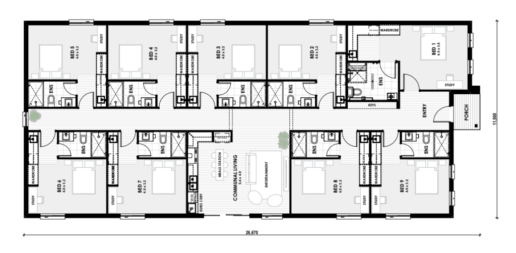 Floor plan of a single-story building with 8 bedrooms, each with an ensuite bathroom, arranged along a central hallway. The layout features a communal living area, kitchen, laundry, porch, entry, and study.