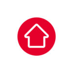 A simple white house outline icon centered inside a solid red circle, displayed on a white background.