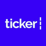 White text that reads ticker in lowercase letters is centered on a solid blue background. To the right of the text are three short white vertical lines stacked vertically.