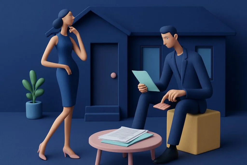 A woman stands thoughtfully while a man sits on a cube, reading documents and using a calculator. They are in front of a house model, with a coffee table and plant nearby. The scene uses shades of blue and pink.