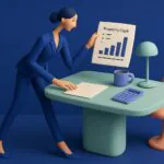 A woman in a blue suit stands by a desk, holding a chart labeled Property Caph with a bar graph. On the desk are a lamp, a cup, a calculator, and papers. The scene uses a minimalist, stylized design with blue tones.