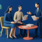 Three stylized figures sit and stand around a round table with documents. Two are seated, holding papers, while a third stands, gesturing with a tablet. There’s a lamp and a potted plant in the background.