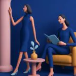 Two stylized women with smooth features are in a minimalist room; one stands by a pink column, the other sits on a yellow armchair reading. A small table with a potted plant is between them, all against a blue background.