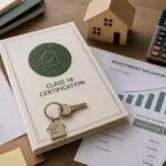 A table with real estate documents, a Class 1B certification folder with house keys, a wooden house model, calculator, investment valuation charts, property appraisal form, and a pen.